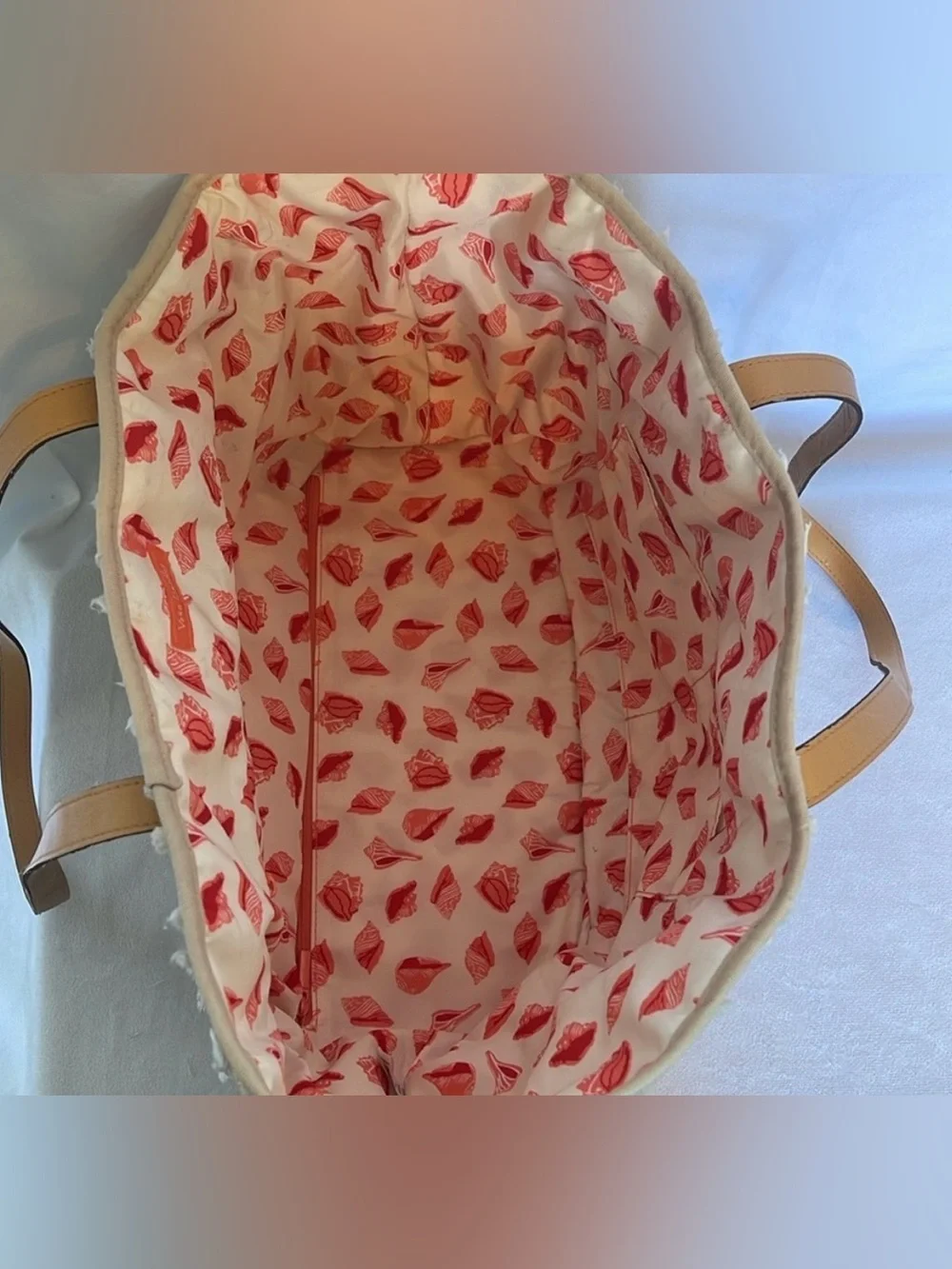 Vera Bradley Fringed Tote Beach Bag in Neutral Stripe Sea Shell Lining Print
